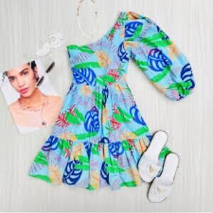 Forever 21 Blue and Green Tropical One Shoulder Sundress Mini Size Small NEW